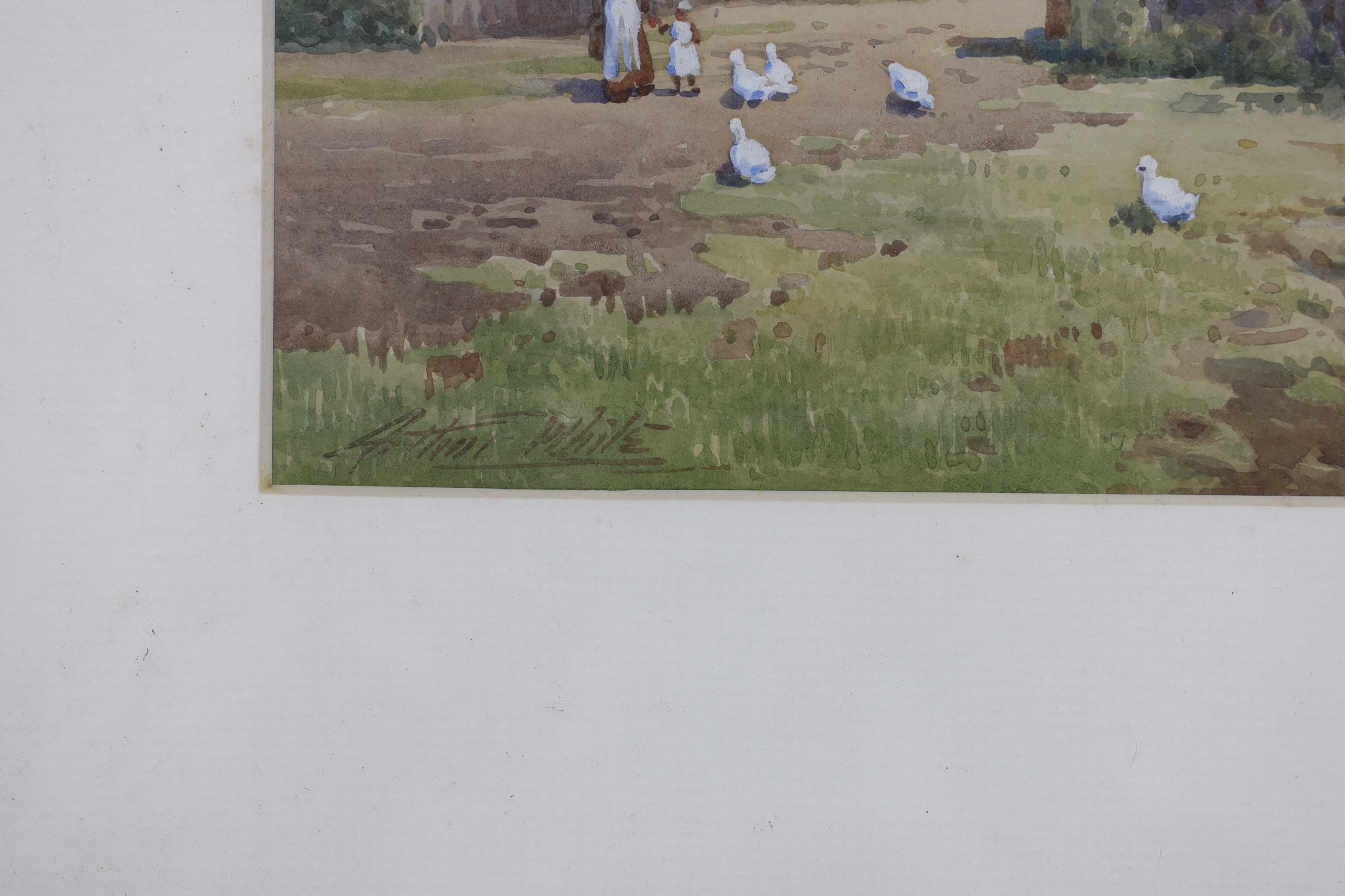 Arthur White (1865-1953), pair of watercolours, Church and duck pond, signed, 25 x 36cm overall